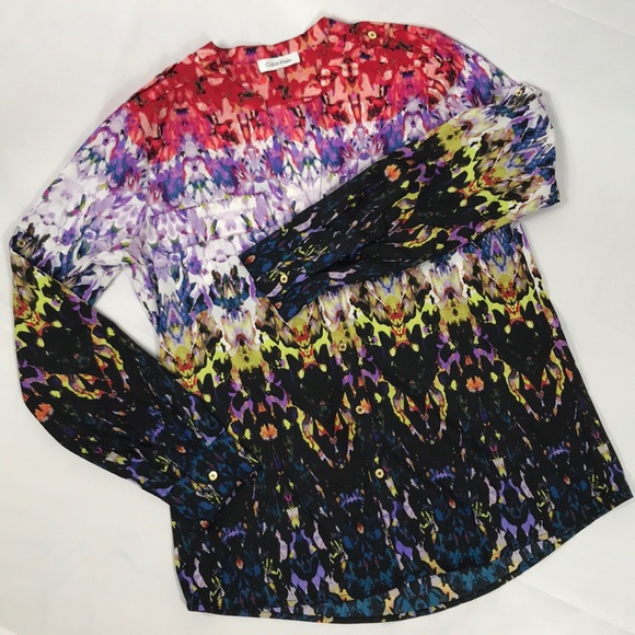 Calvin Klein- Button up, roll sleeve top, multi colored - Picture 11 of 11